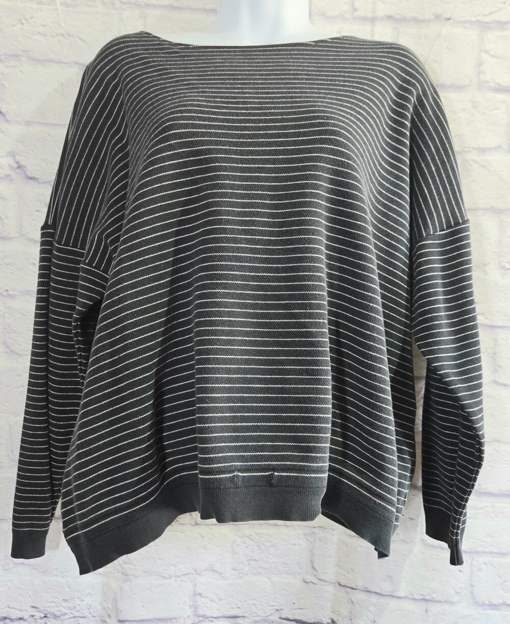 Company Ellen Tracy Black White Striped Top Large Banded Waist Long Sleeves
